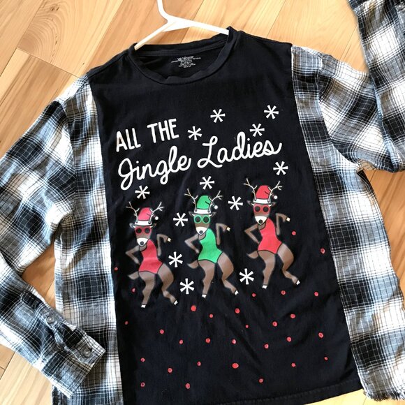Flannel Tee Upcycle, Christmas Shirt: Size S-M, Holiday Graphics, Jingle Ladies - Picture 5 of 9